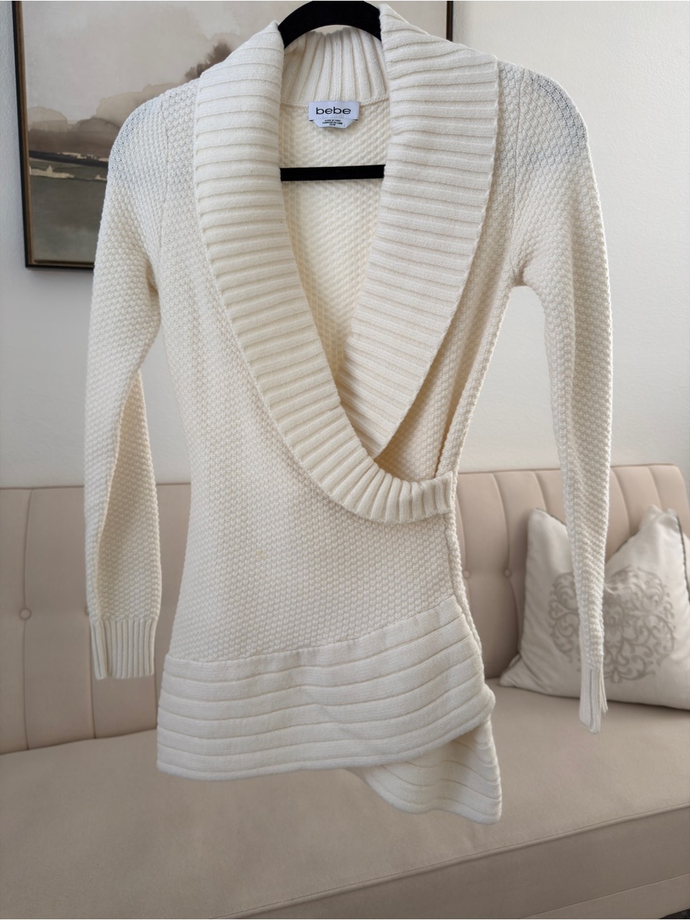 bebe Off-White Shawl Collar Knit Tunic Sweater